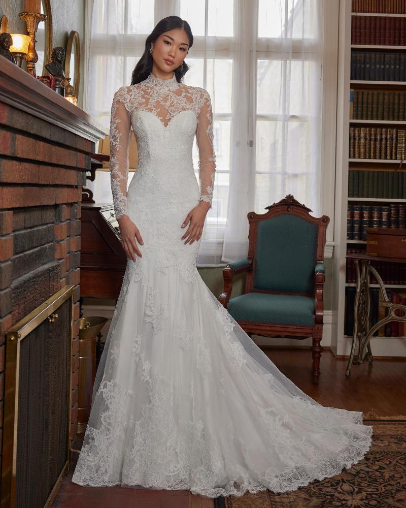 La23233 lace long sleeve high neck wedding dress with open back2